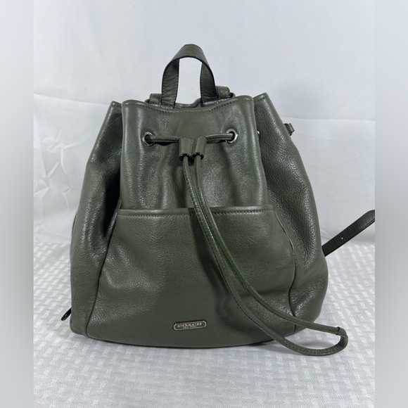 4019: Coach Olive Green Pebbled Leather Drawstring Backpack
